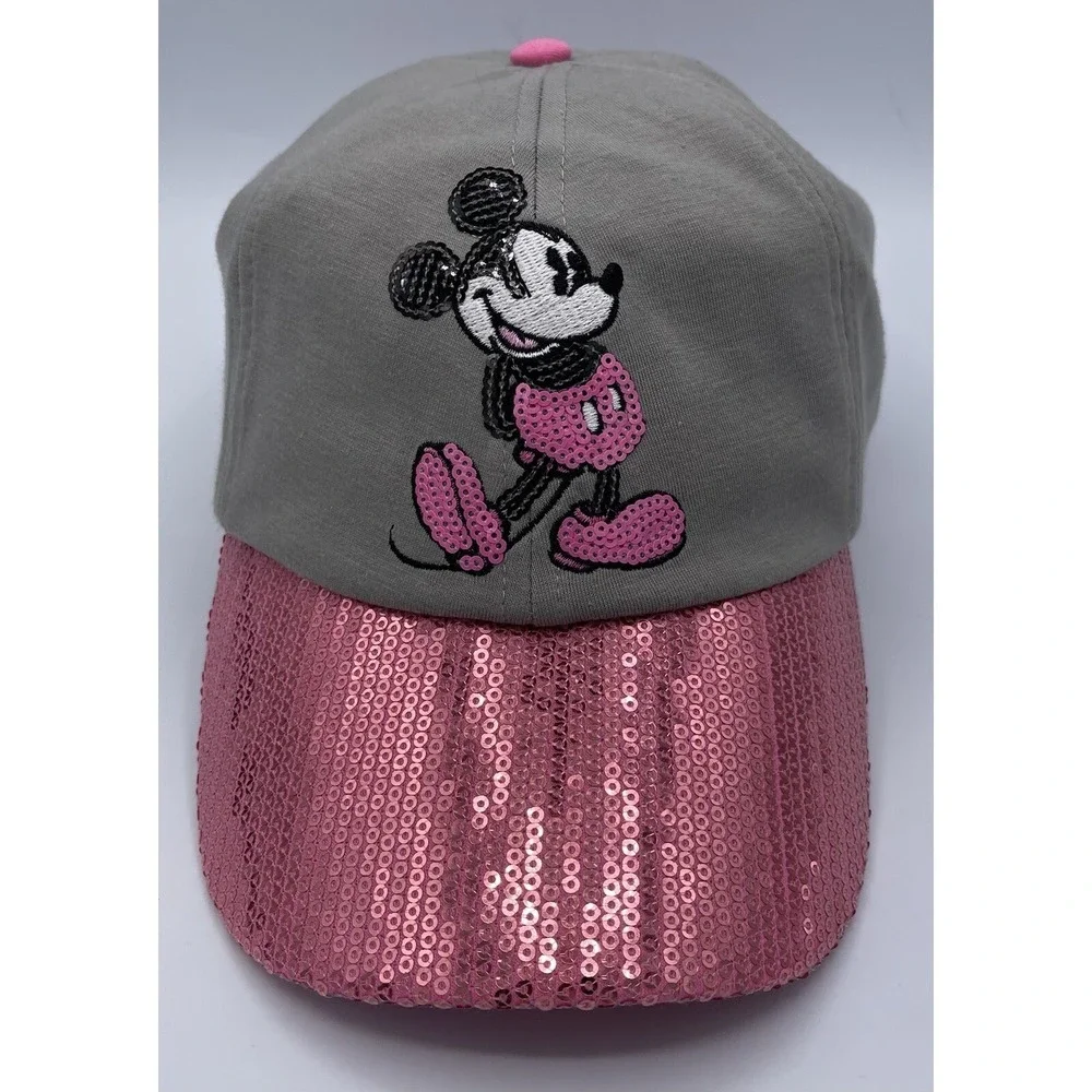Walt Disney World Pink Sequin Mickey‎ Mouse Baseball Cap Hat Gray Adult 57-61CM
